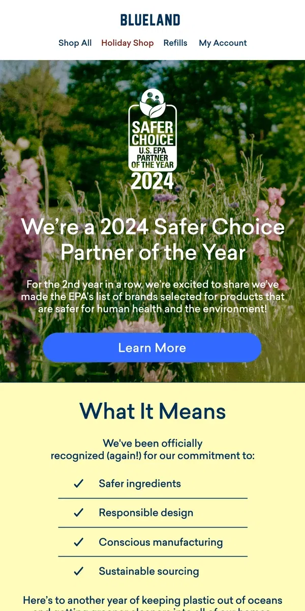 Email from Blueland. We’re a 2024 Safer Choice Partner of the Year! 🏆