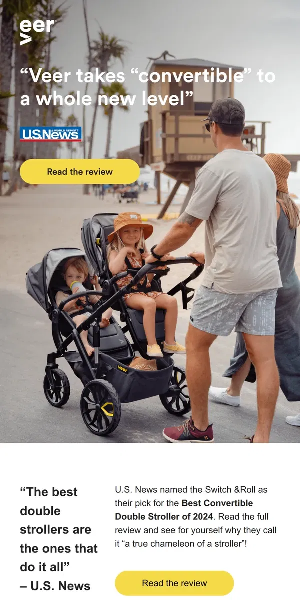 Email from Veer. News Alert: Switch&Roll is the Best Convertible Double Stroller