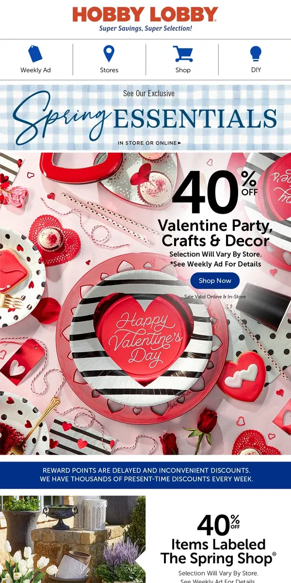 Email from Hobby Lobby. Sweet Savings: 40% Off Valentine Party Essentials 💖