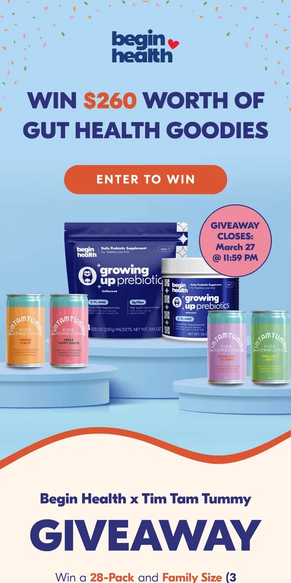 Email from Begin Health. Win Prebiotics + Tim Tam Tummy Kombucha!!