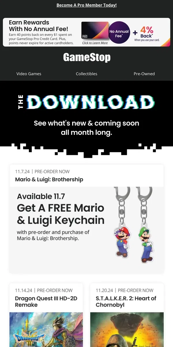 Email from GameStop. Get a FREE Mario or Luigi Keychain | Pre-order Dragon Quest III HD-2D remake!