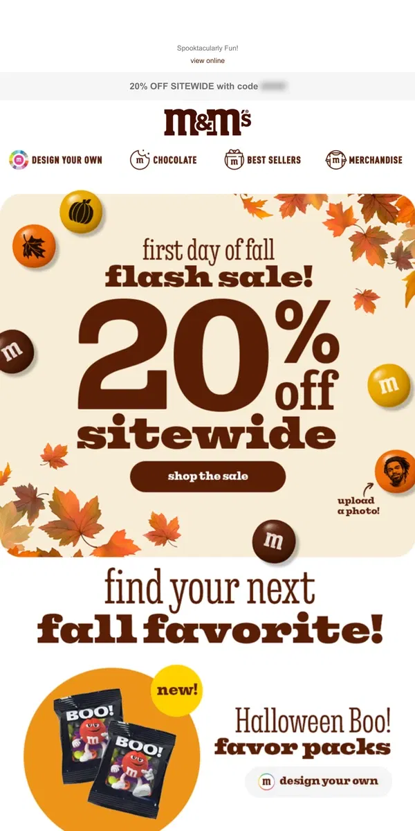 Email from M&M's. 20% OFF 🍂 Happy First Day of Fall