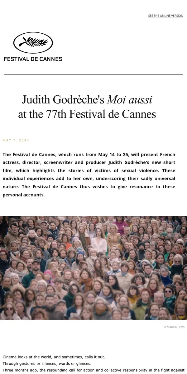 Email from Festival de Cannes. Judith Godrèche's Moi aussi at the 77th Festival de Cannes