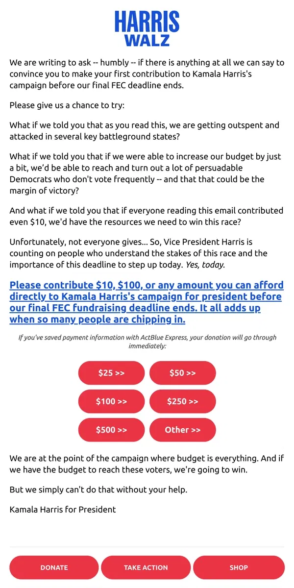 Email from Kamala Harris. Is there ANYTHING we can say?