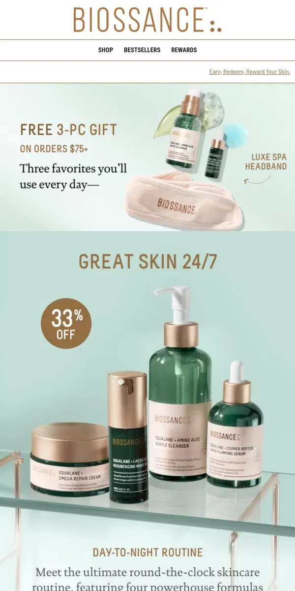 Email from Biossance. 48 hrs left! Free 3-pc gift & 33% off