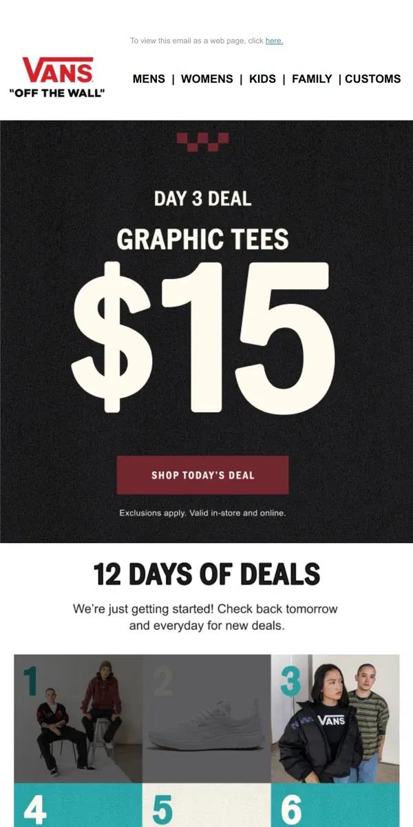 Email from Vans. TODAY ONLY: A NEW DEAL FOR DAY 3! 🏁