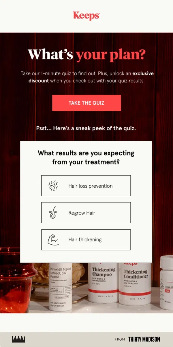 Email from Keeps. Which hair loss treatment is best for you?