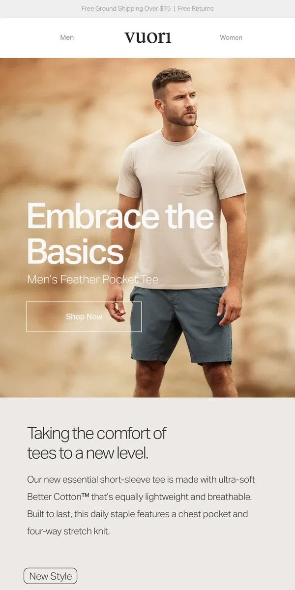 Email from Vuori. Back to basics—meet our new essential tee