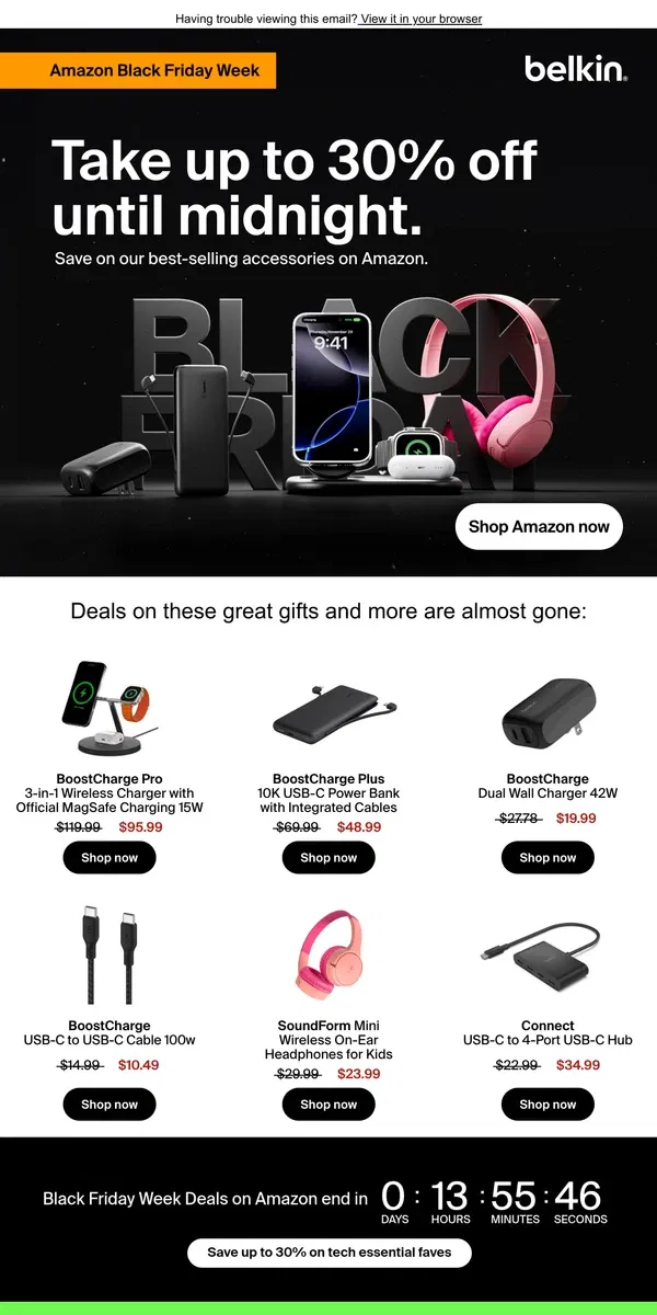 Email from Belkin. Last Day: Our Black Friday Week deals on Amazon end tonight