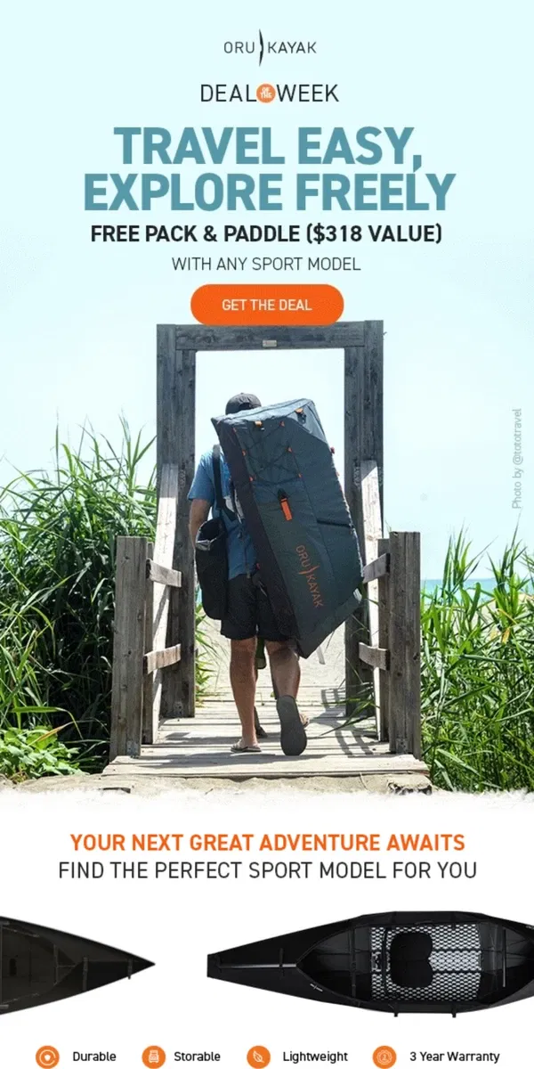 Email from Oru Kayak. Portability, Perfected: Free Pack + Paddle ($318 value)