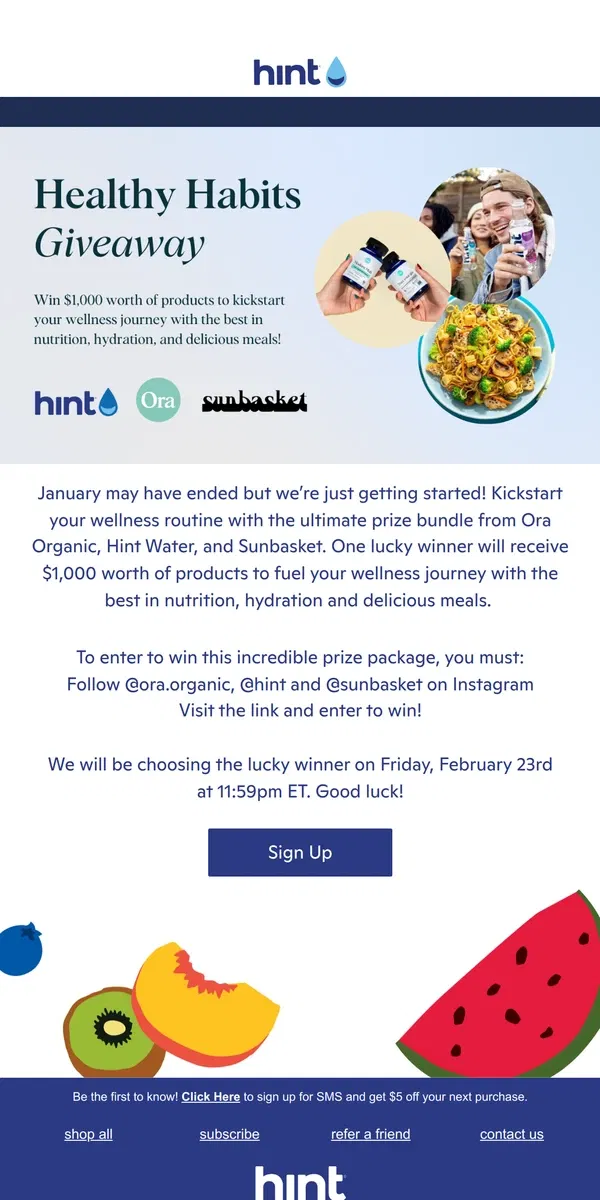 Email from Hint Water. Win a $1,000 prize bundle in our Healthy Habits Giveaway!