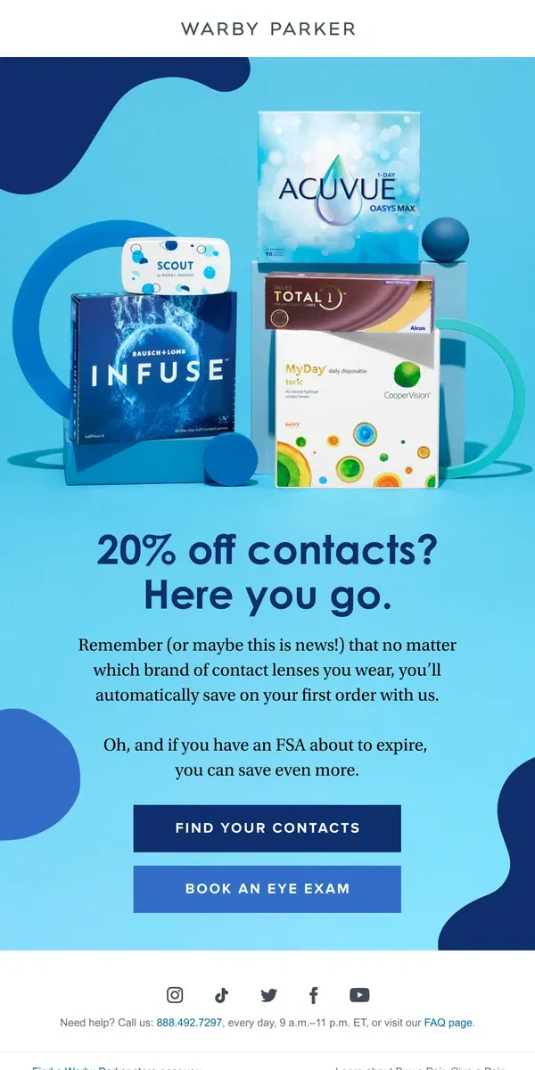 Email from Warby Parker. Take 20% off contacts