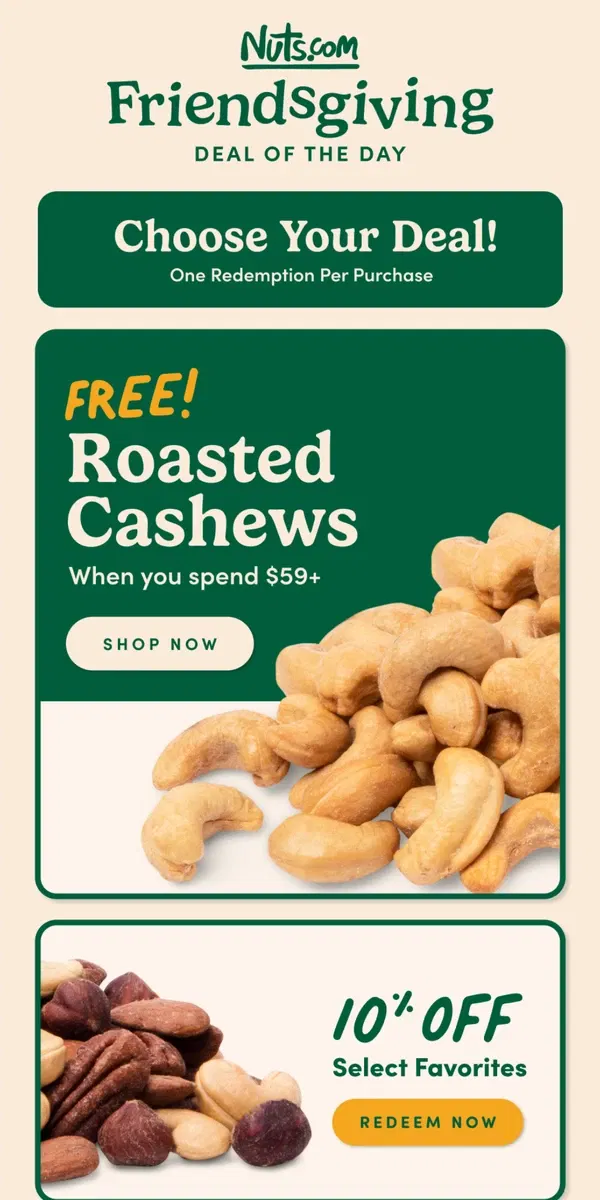 Email from Nuts.com. FREE For Friendsgiving 😍