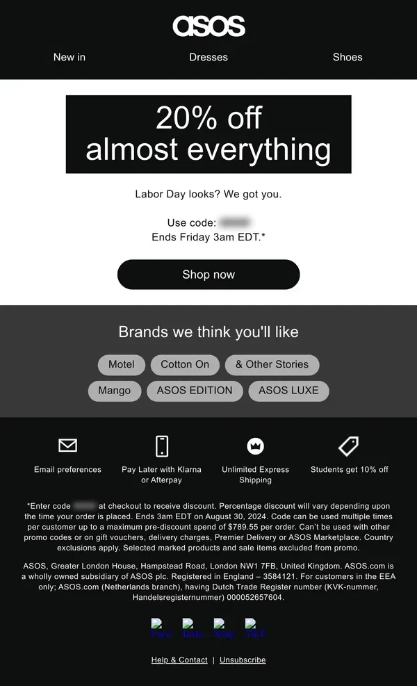 Email from ASOS. 20% off almost everything!