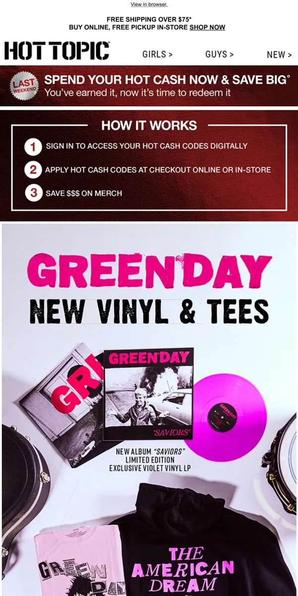 Email from Hot Topic. Green Day's "Saviors" drops today! Grab vinyl & tees 🎶