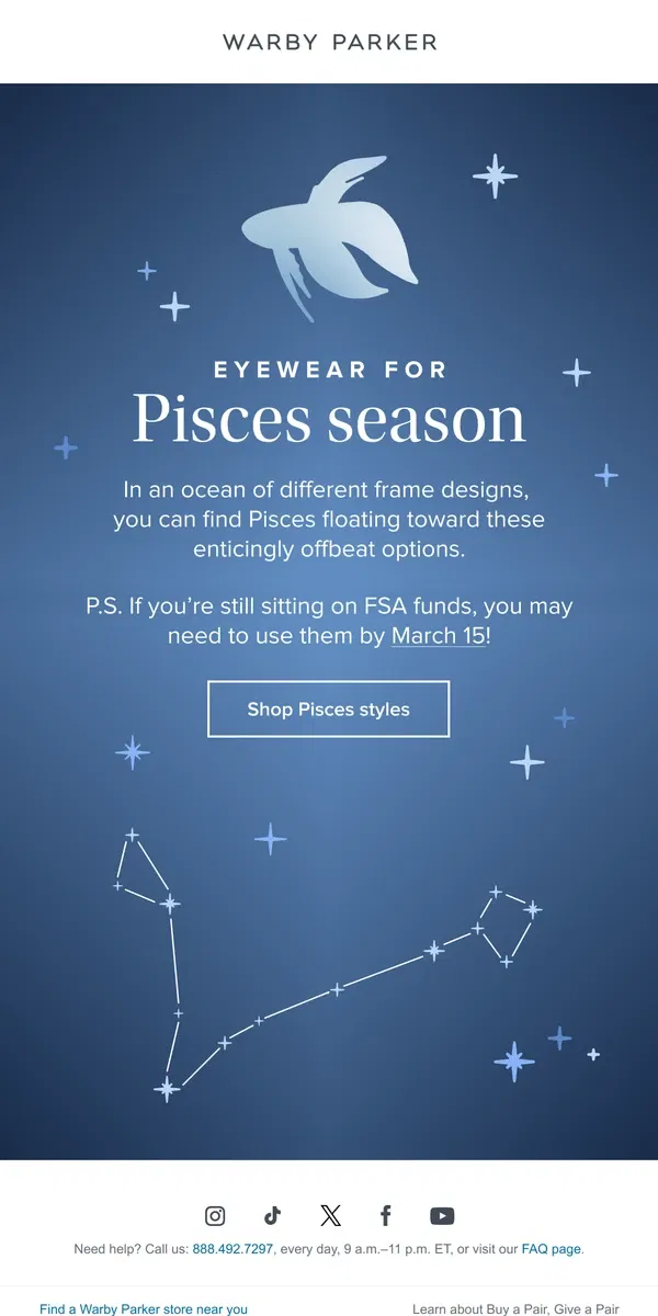 Email from Warby Parker. Pick a Pisces pair