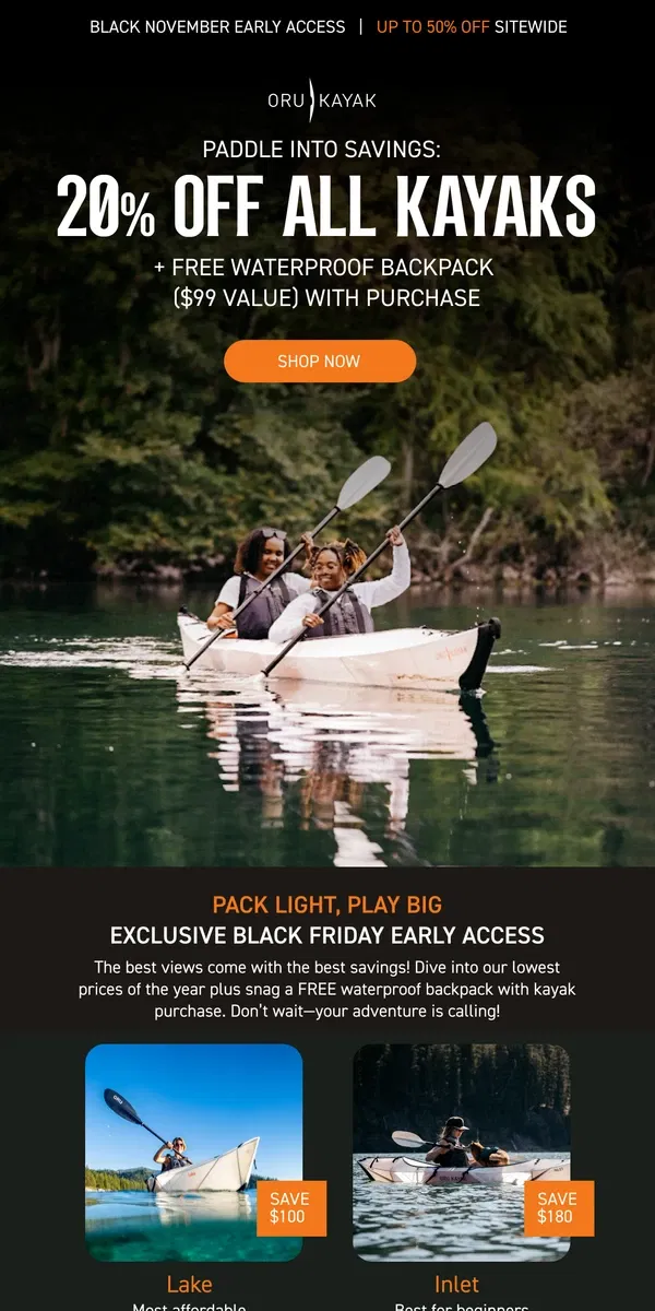 Email from Oru Kayak. Last Call: 20-50% Off + Free Waterproof Backpack ⏰