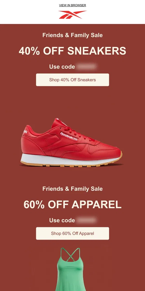 Email from Reebok. Take 40% off sneakers right now 🔥