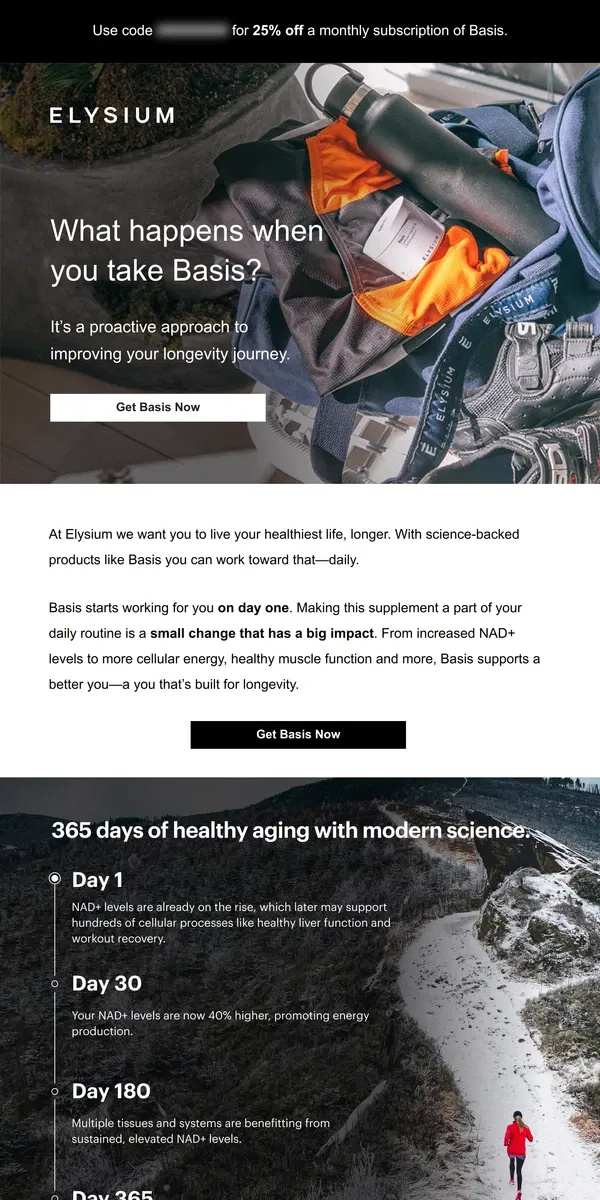 Email from Elysium Health. Here’s 25% off to kick off your longevity journey!