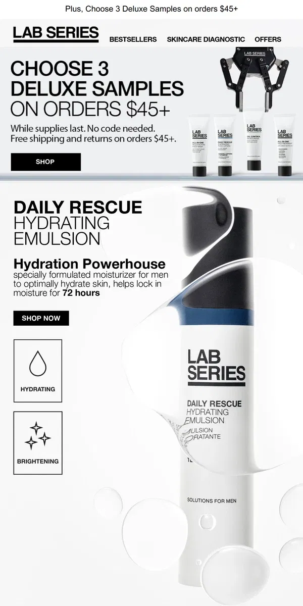 Email from Lab Series. Hydration Powerhouse: Daily Rescue Hydrating Emulsion