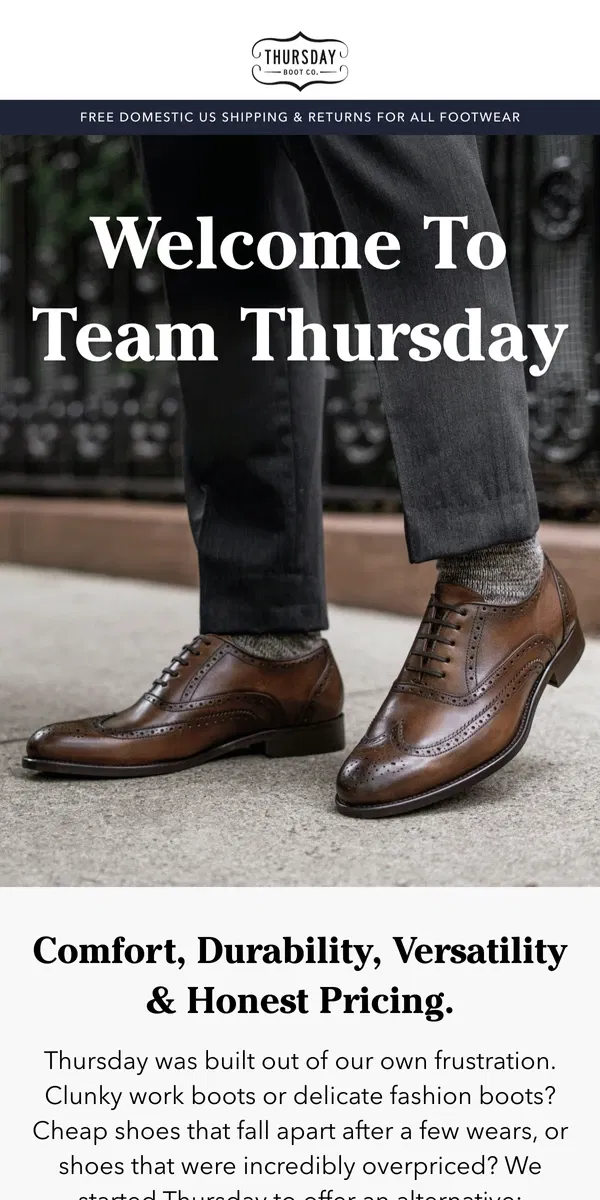 Email from Thursday Boot Company. Welcome to Team Thursday!