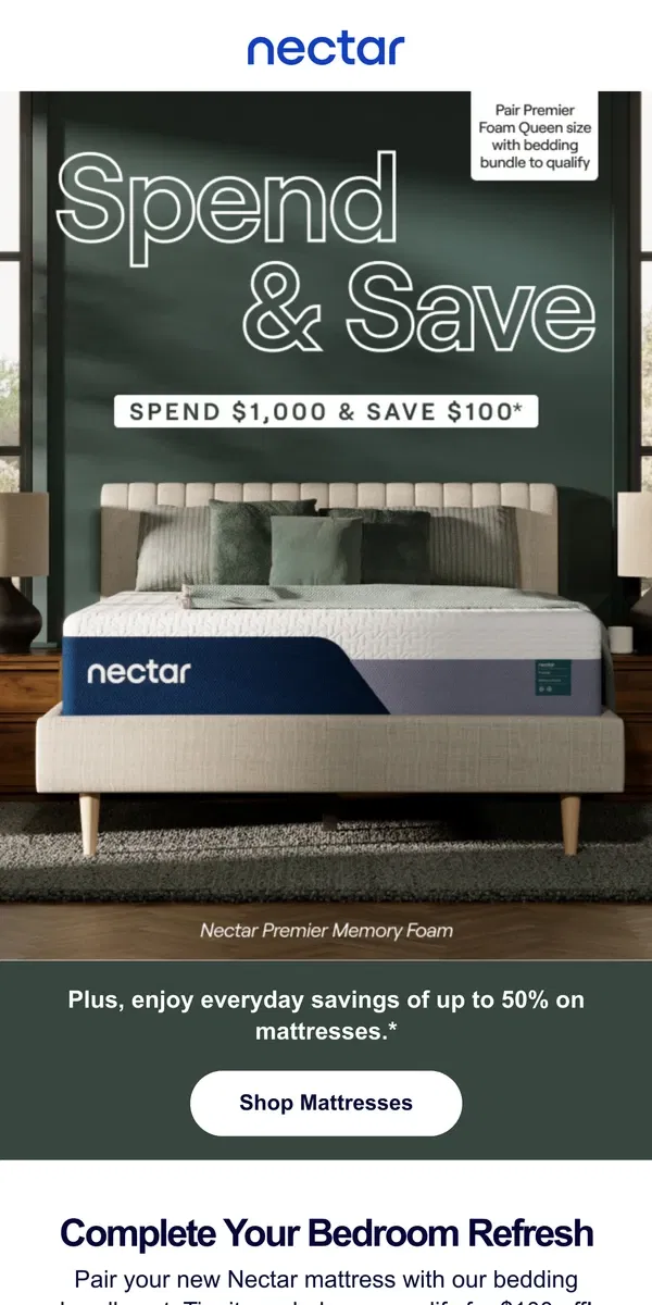 Email from Nectar. Don't snooze 💤! $100 OFF + Save up to 50% on mattresses ✨.