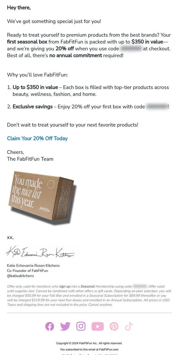 Email from FabFitFun. Get 20% Off Your First Seasonal Box