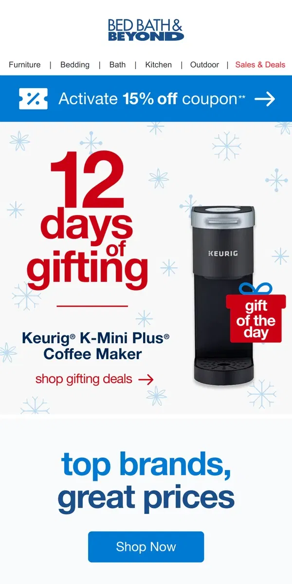 Email from Bed Bath & Beyond. Celebrate the 12 Days of Gifting 🎁