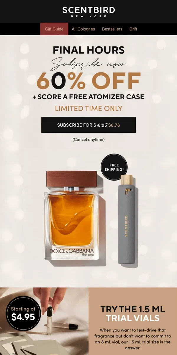 Email from Scentbird. Final Hours to save 60% off