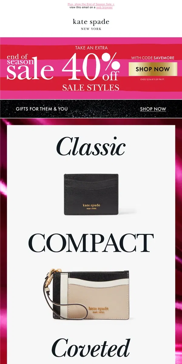 Email from Kate Spade. Wallets that wow - at $100 and under