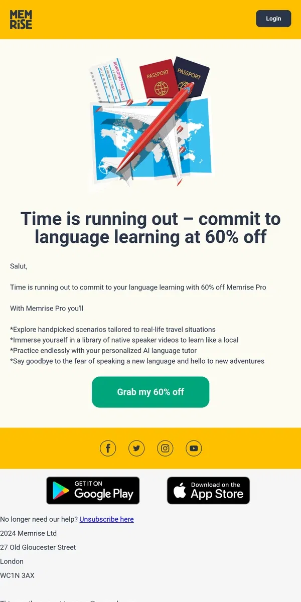 Email from Memrise. Speak confidently with 60% off language learning – limited time