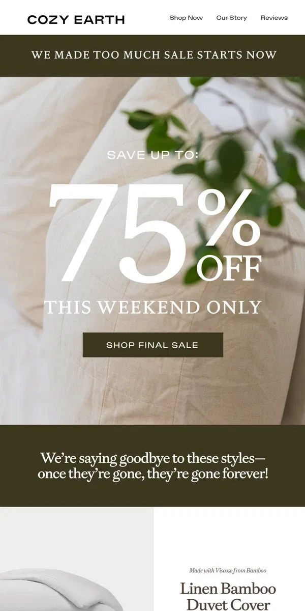 Email from Cozy Earth. Up to 75% Off Starts Now‼️