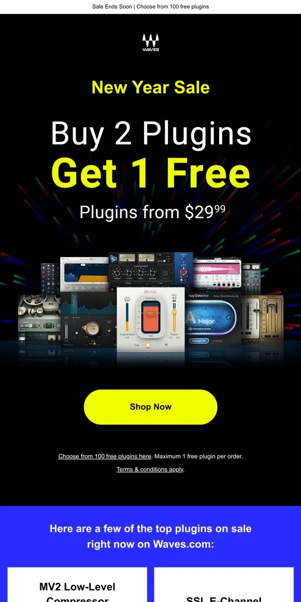 Email from Waves Audio. Buy Any 2 Plugins 🙌 Get 1 Free