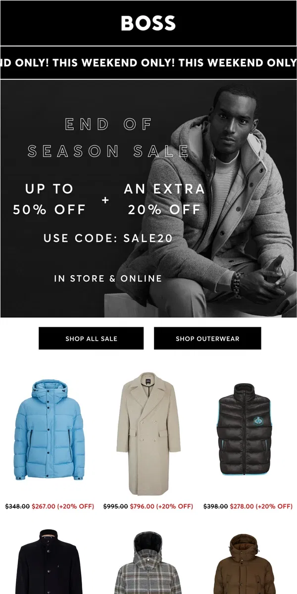 Email from HUGO BOSS. 50% off + an Extra 20% off Outerwear