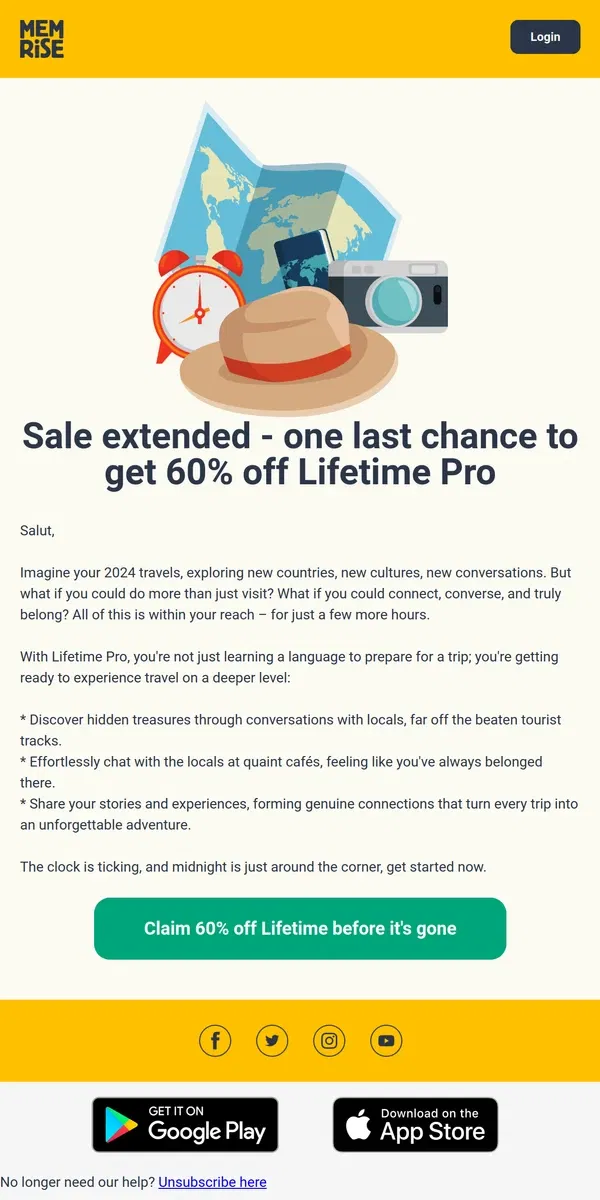 Email from Memrise. Sale extended - one last chance to get 60% off Lifetime Pro