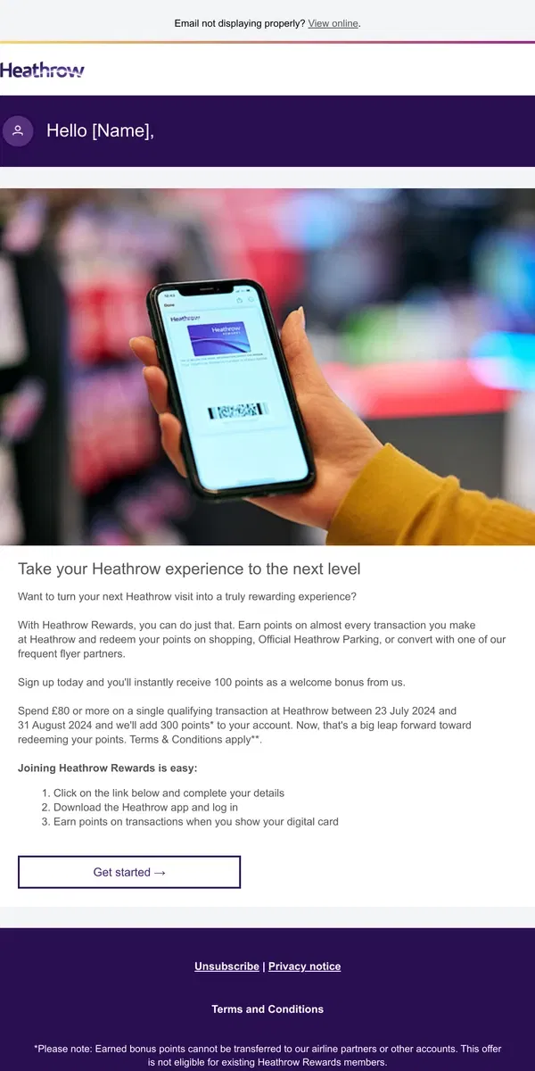 Email from Heathrow Airport. Unlock exclusive benefits with Heathrow Rewards