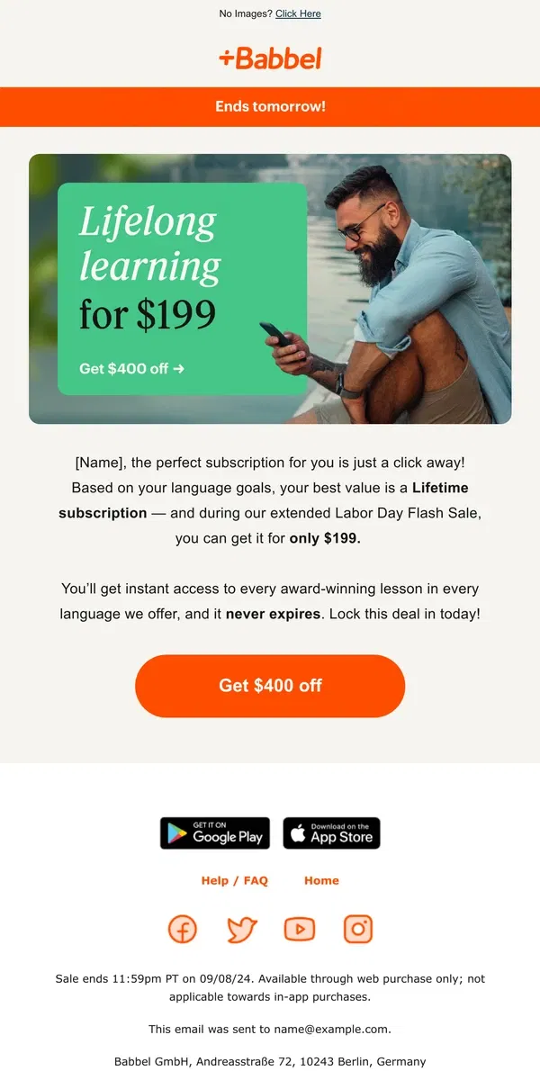 Email from Babbel. Get $199 Lifetime access while you still can!