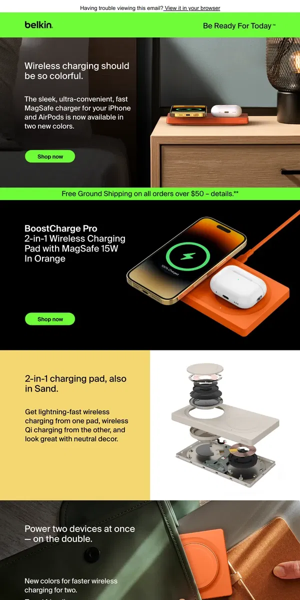 Email from Belkin. New Colors: Sleek 2-in-1 wireless charging pad now available in 1st-time hues