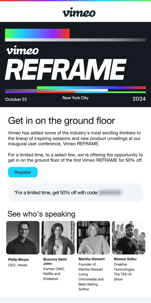 Email from Vimeo. Take a second look to join Vimeo Reframe free