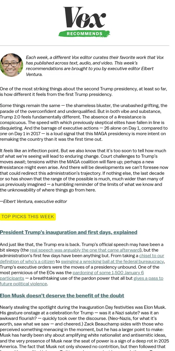 Email from Vox. President Trump’s inauguration and first days, explained