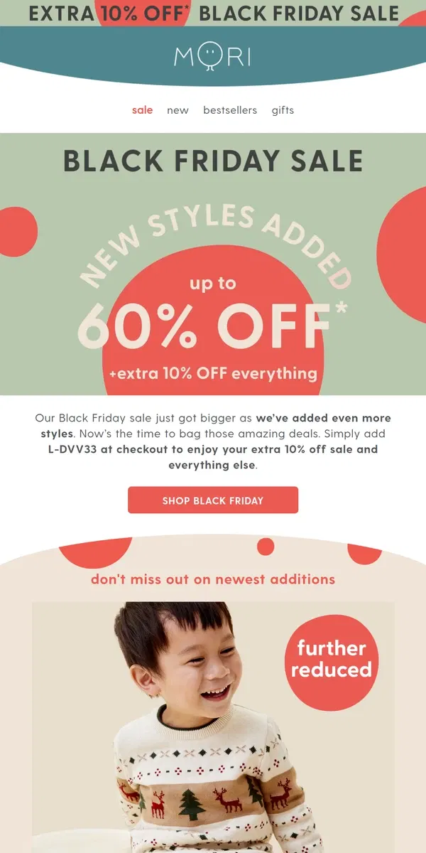 Email from MORI. Now over 400 lines in our up to 60% off sale 🤩