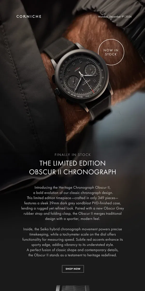 Email from Corniche Watches. Just in Time For The Holidays – The Obscur II