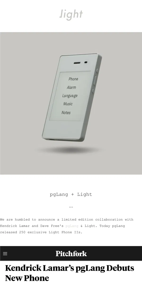 Email from The Light Phone. pgLang limited edition phone + a new Light shirt ✨