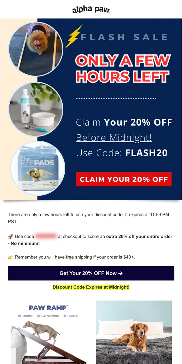 Email from Alpha Paw. ⏰ Hurry! Flash Sale Ends at Midnight!