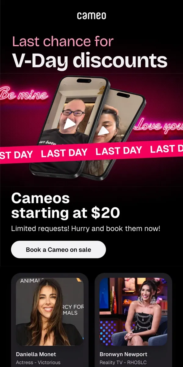 Email from Cameo. Last Chance for Valentine’s Day Sale: Deals End Today!