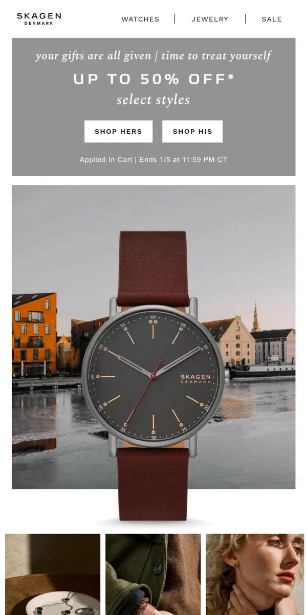 Email from Skagen. it's official: up to 50% off is here