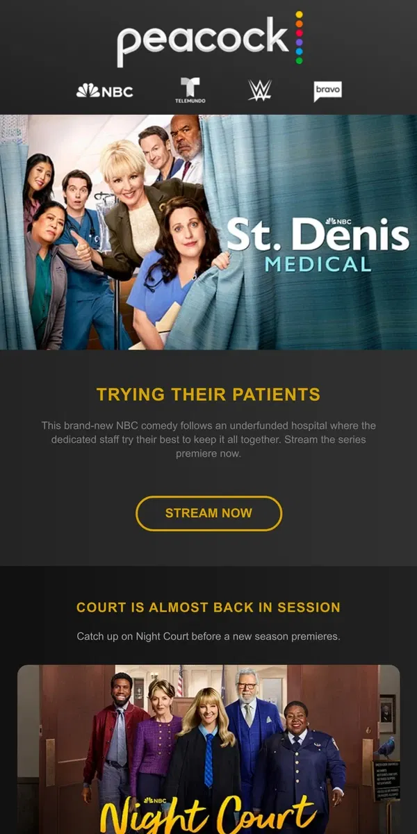 Email from Peacock. Premiere: St. Denis Medical ⚕️🏥