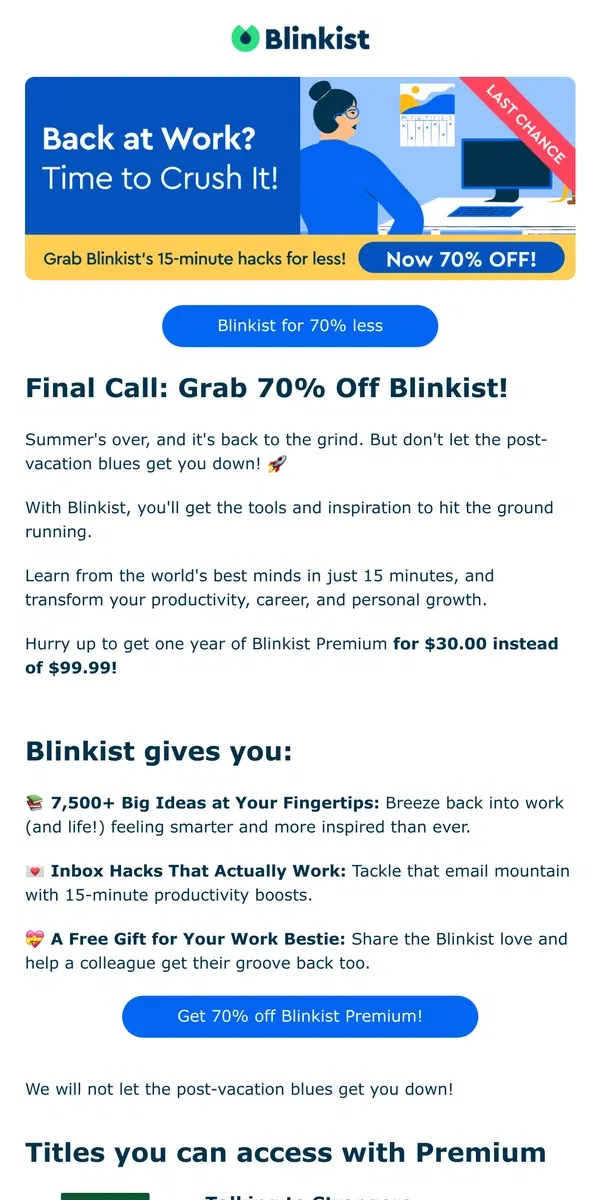 Email from Blinkist. ⚡⚡⚡  Final Call: 70% Off Blinkist Premium