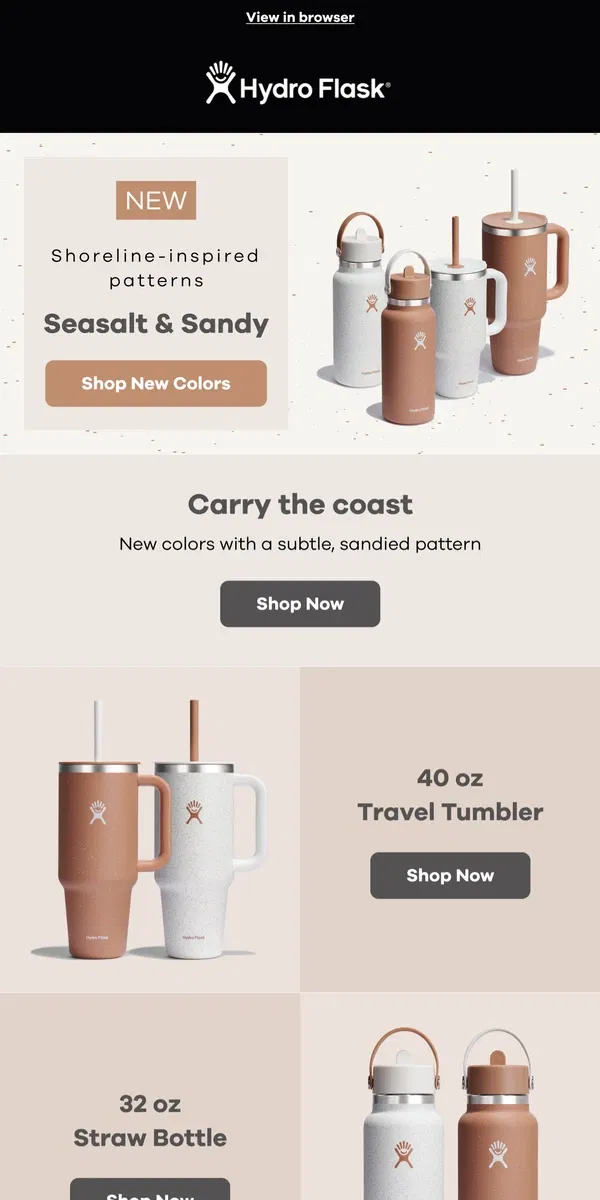 Email from Hydro Flask. Seasalt & Sandy Tumblers & Bottles