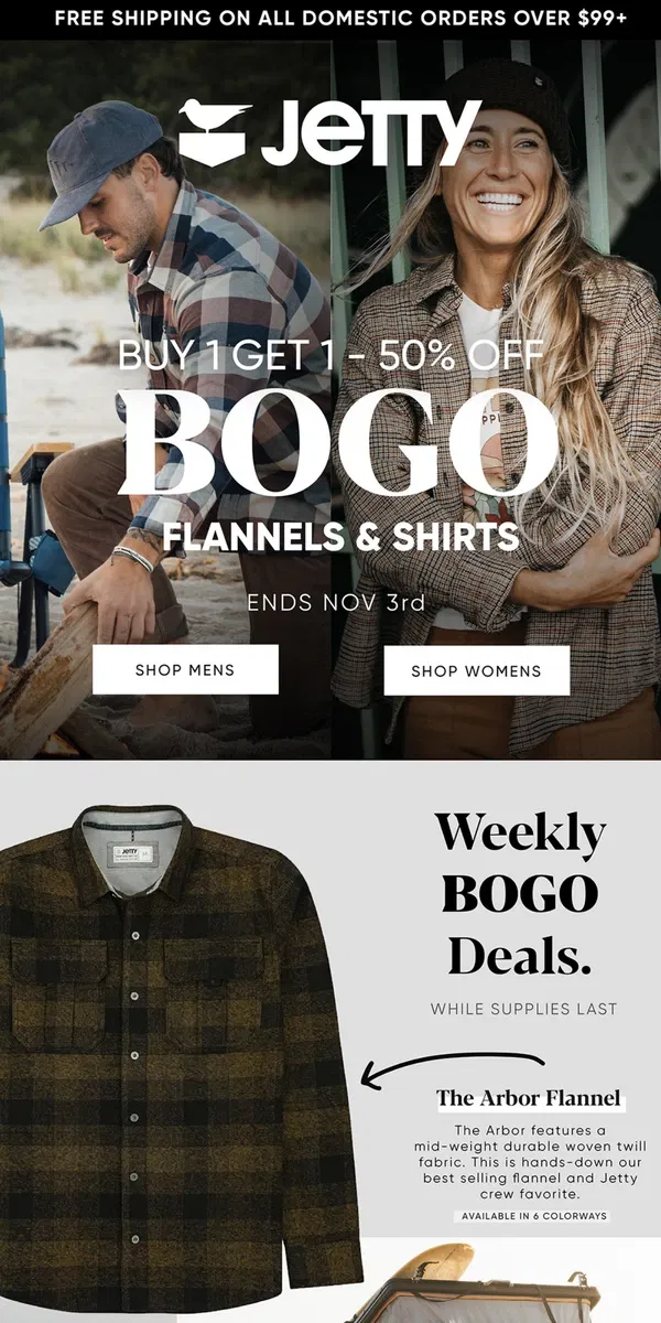 Email from Jetty. Buy 1 Get 1 - 50% OFF 🤯 All Flannels and Shirts